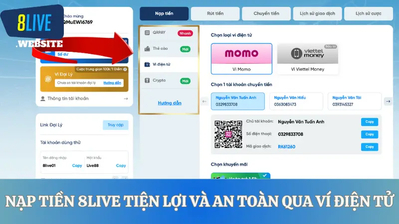 Nạp tiền 8live tiện lợi và an toàn qua ví điện tử